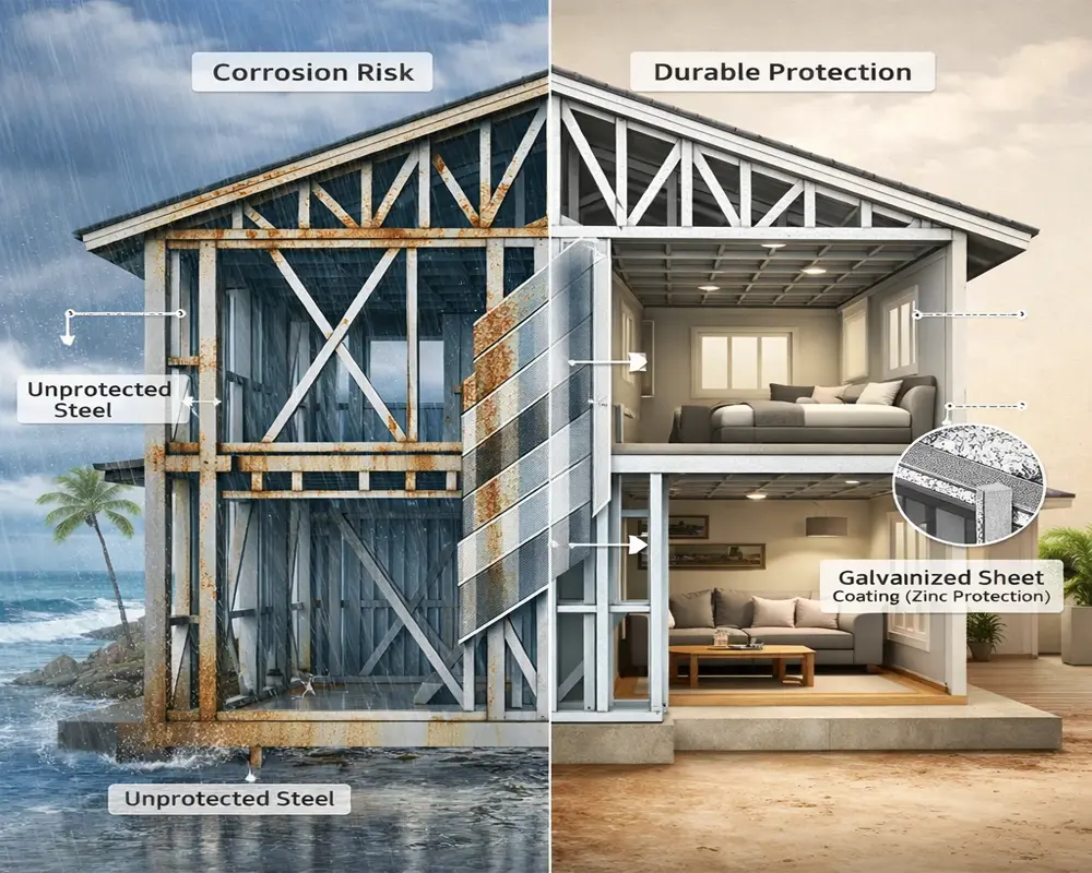 دوام و عمر مفید ساختمان LSF | زنگ زدگی سازه ال اس اف | کوتینگ | ورق گالوانیزه | کوتینگ ورق گالوانیزه | پردیس گیلان