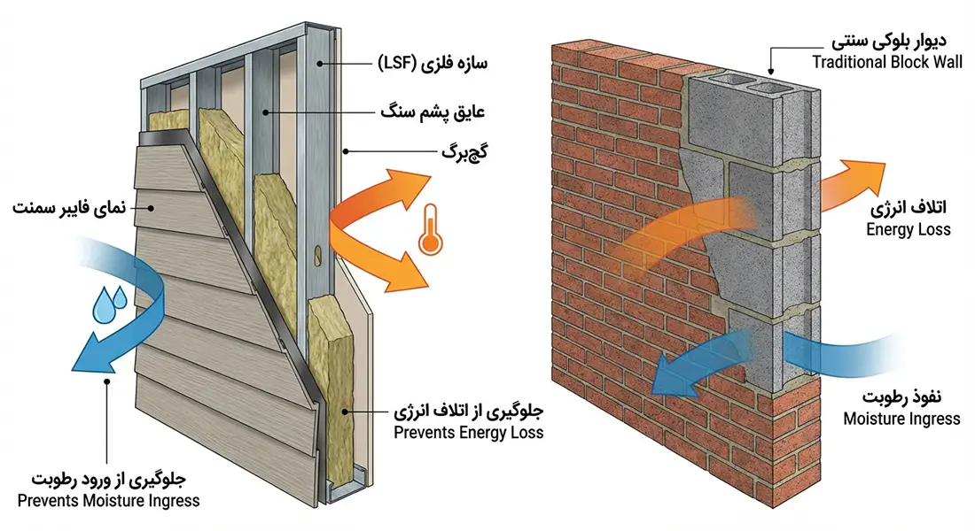 مقایسه لایه‌های دیوار LSF با دیوار بلوکی سنتی.